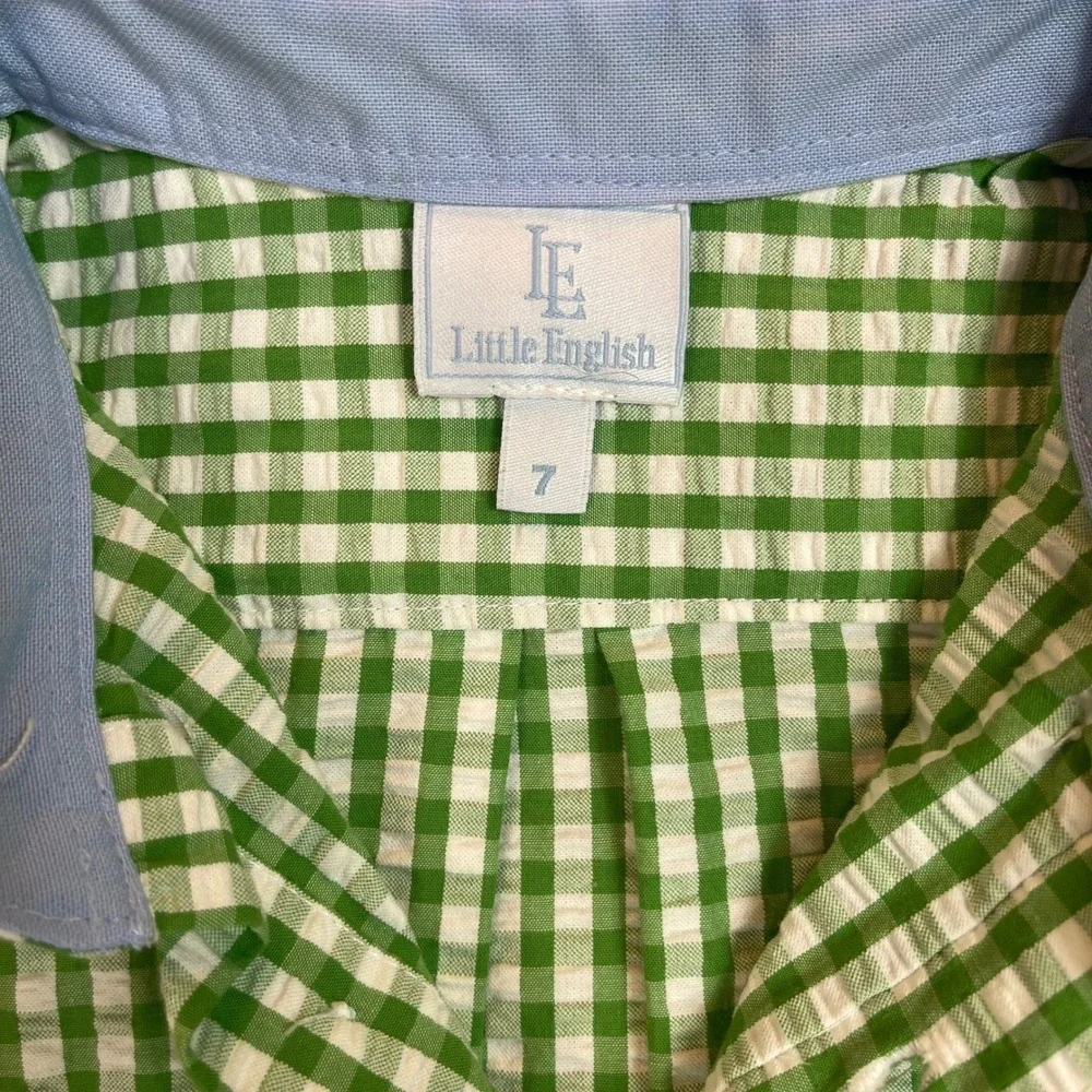 Little English Boys Gingham Button Down Shirt Green White Size 7 100% Cotton - Picture 6 of 14